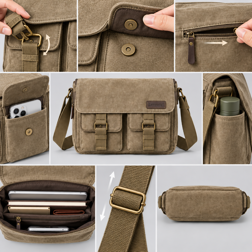 Zamvoriq™ Multi-Pocket Canvas Messenger Crossbody Bag main image 03